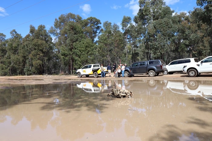 4WD stopping near a swamp due to accident.