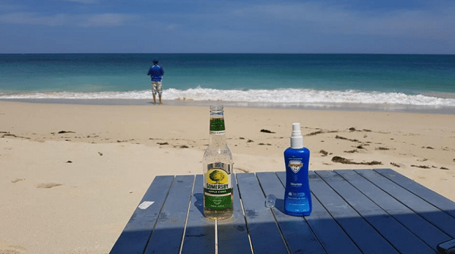 Drink and a spray placed on top of a table with beach as a background and that represents "wilbinga conservation park" blog.