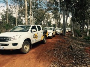 Eureka team on their 4WD vehicles travelling as a convoy.