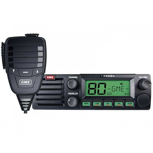 Black-coloured GME UHF radio with white background.